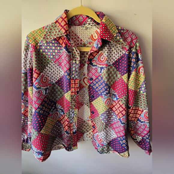 VTG 1970s Multi-Pattern Patchwork Button Down Shirt - Size Med-Large - Picture 4 of 13